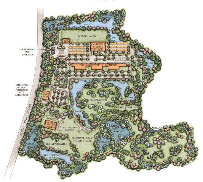 Conceptual site plan rendering of the GRU Eastside Operations Center in Gainesville, Florida, showing operational facilities, training areas, stormwater ponds, wetlands, conservation areas, and landscaped buffers.